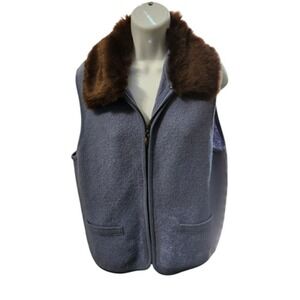 ITEM-EYES Women's Size Large Blue‎ Wool Vest with Brown Faux Fur Collar